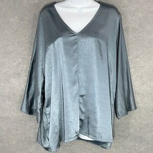Grade & Gather Tunic Top V-Neck 3/4 Sleeve Flowy Lightweight Blouse Blue Gray M‎